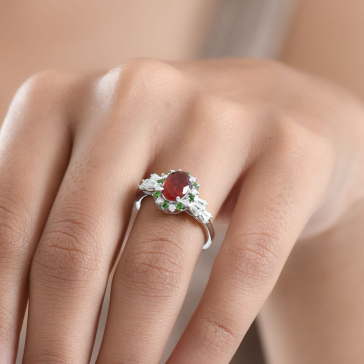 D'Joy Mexican Cherry Fire Opal and Mutli Gemstone 1.40 ctw Art Deco Ring in Rhodium Over Sterling Silver (Size 10.0) image number 2