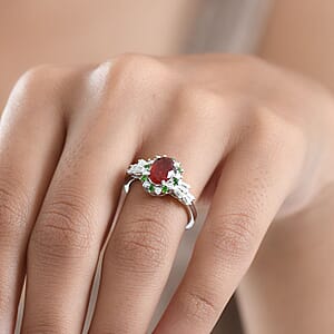 D'Joy Mexican Cherry Fire Opal and Mutli Gemstone 1.40 ctw Art Deco Ring in Rhodium Over Sterling Silver (Size 10.0)