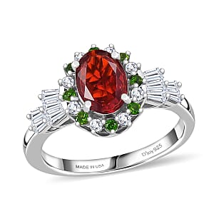 D'Joy Mexican Cherry Fire Opal and Mutli Gemstone 1.40 ctw Art Deco Ring in Rhodium Over Sterling Silver (Size 7.0)