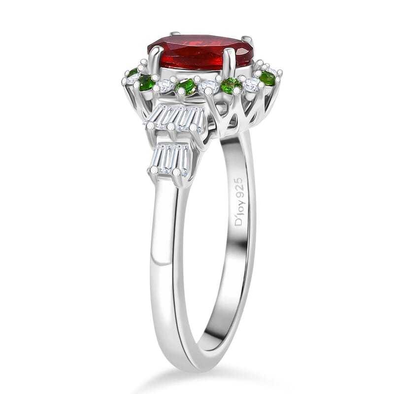 D'Joy Mexican Cherry Fire Opal and Mutli Gemstone 1.40 ctw Art Deco Ring in Rhodium Over Sterling Silver (Size 7.0)