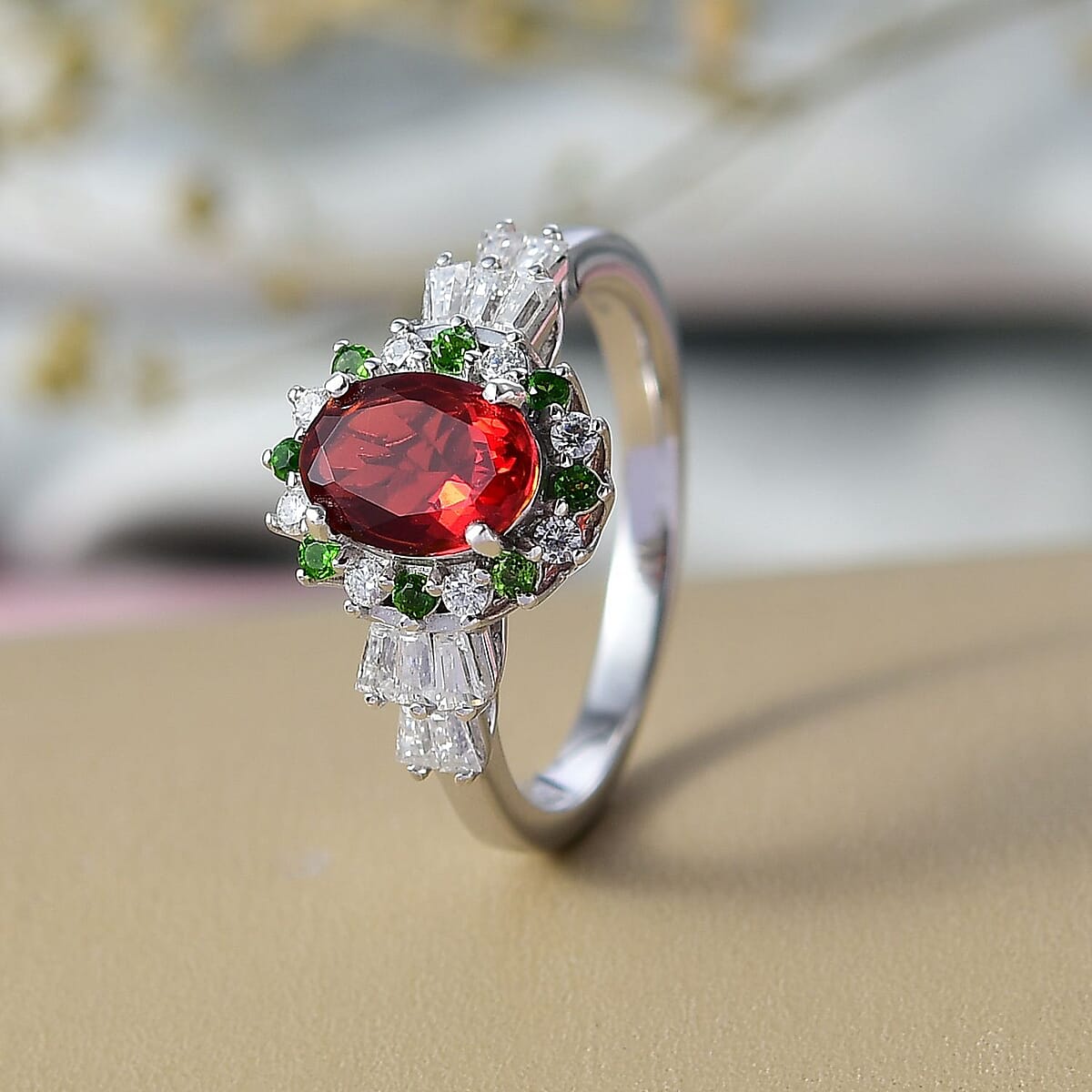 D'Joy Mexican Cherry Fire Opal and Mutli Gemstone 1.40 ctw Art Deco Ring in Rhodium Over Sterling Silver (Size 8.0) image number 1