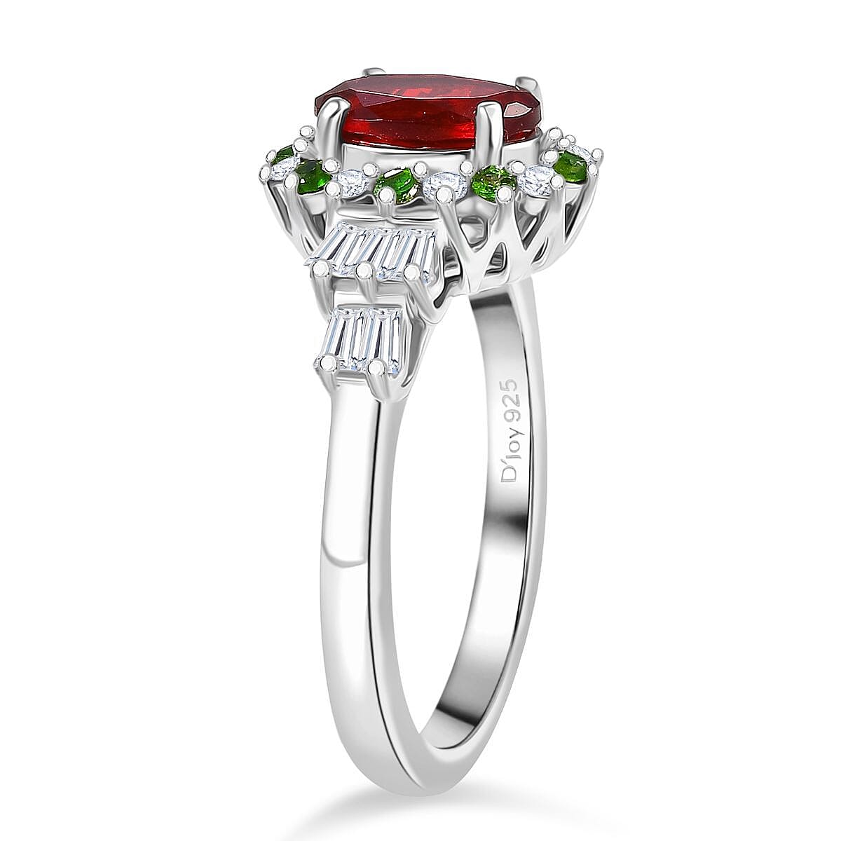 D'Joy Mexican Cherry Fire Opal and Mutli Gemstone 1.40 ctw Art Deco Ring in Rhodium Over Sterling Silver (Size 8.0)