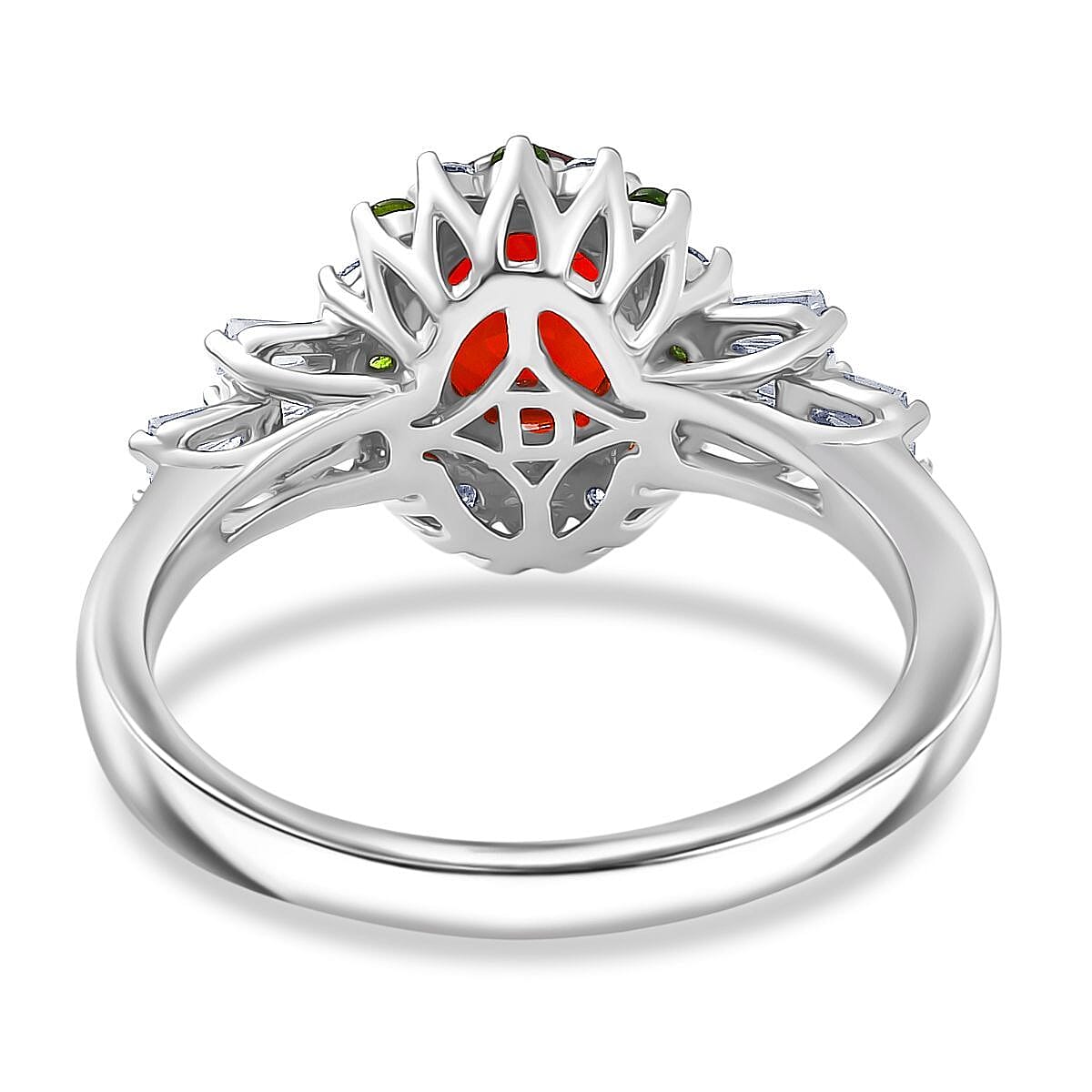 D'Joy Mexican Cherry Fire Opal and Mutli Gemstone 1.40 ctw Art Deco Ring in Rhodium Over Sterling Silver (Size 8.0) image number 4