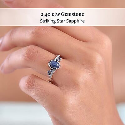  D'Joy Premium Blue Star Sapphire (DF) and Multi Gemstone 2.40 ctw Shooting Star Ring in Rhodium Over Sterling Silver (Size 10.0)