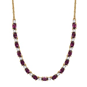 AAA Radiant Ember Garnet and Luxuriant Lab Grown Diamond G-H SI 5.60 ctw Royal Flame Line Necklace in 18K Vermeil Yellow Gold Over Sterling Silver 18-20 Inches 