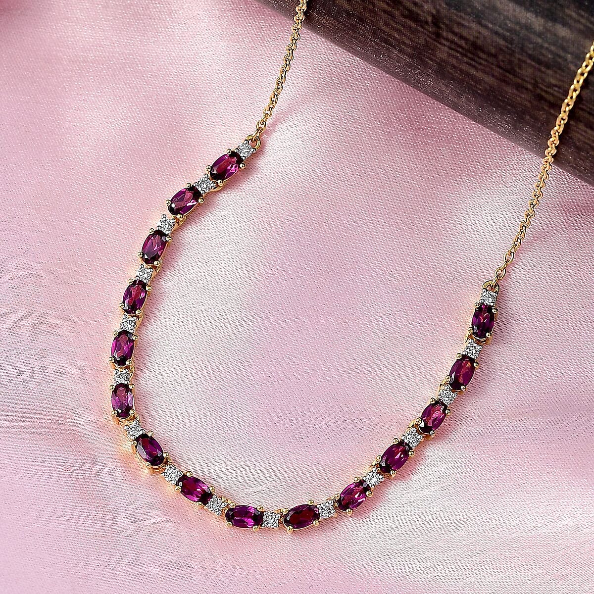AAA Radiant Ember Garnet and Luxuriant Lab Grown Diamond G-H SI 5.60 ctw Royal Flame Line Necklace in 18K Vermeil Yellow Gold Over Sterling Silver 18-20 Inches  image number 1