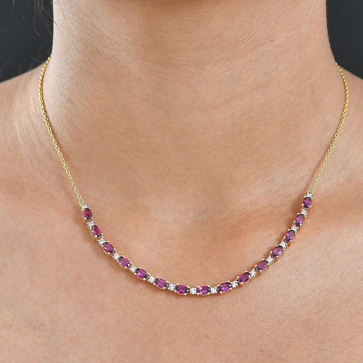 AAA Radiant Ember Garnet and Luxuriant Lab Grown Diamond G-H SI 5.60 ctw Royal Flame Line Necklace in 18K Vermeil Yellow Gold Over Sterling Silver 18-20 Inches  image number 2