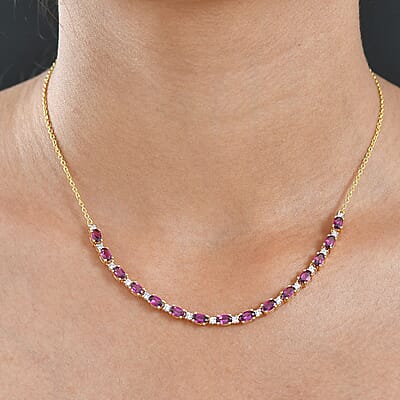 AAA Radiant Ember Garnet and Luxuriant Lab Grown Diamond G-H SI 5.60 ctw Royal Flame Line Necklace in 18K Vermeil Yellow Gold Over Sterling Silver 18-20 Inches 