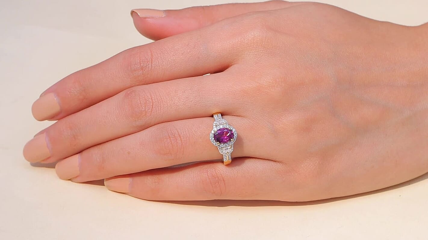 D'Joy AAA Radiant Ember Garnet, Moissanite Ring in 18K Vermeil YG Over Sterling Silver (Size 10.0) 2.10 ctw