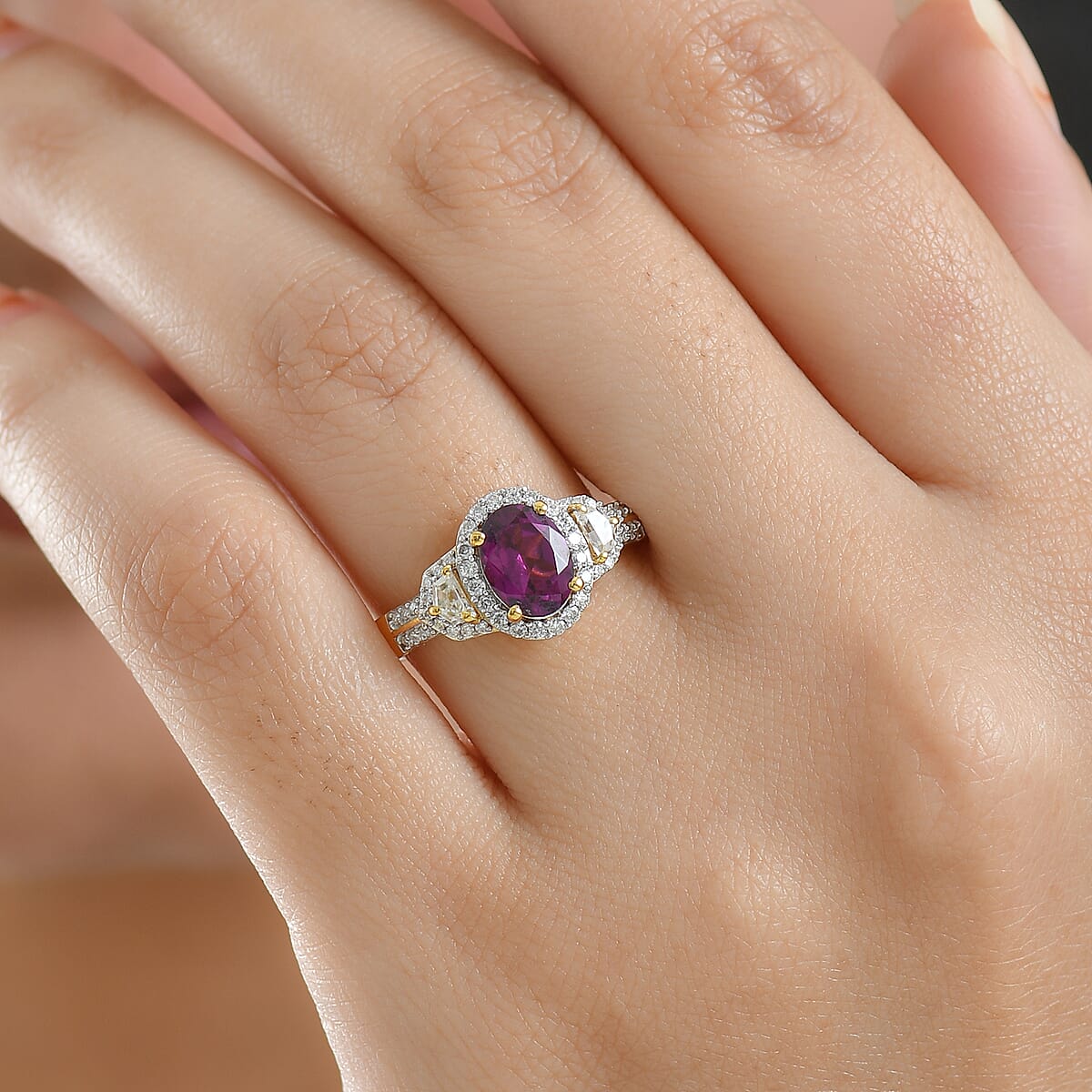 Doorbuster D'Joy AAA Radiant Ember Garnet and Moissanite 2.10 ctw Ring in 18K Vermeil Yellow Gold Over Sterling Silver (Size 7.0) image number 2