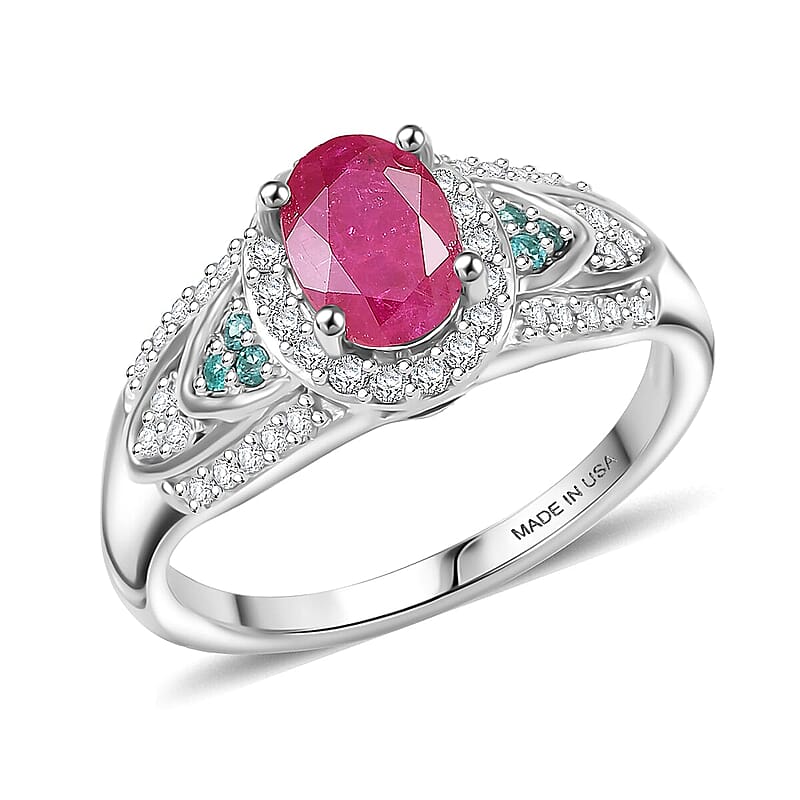 D'Joy Montepuez Ruby, Paraiba Tourmaline and Diamond Ring in Rhodium Over Sterling Silver 1.60 ctw (Size 10.0)