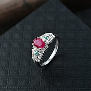D'Joy Montepuez Ruby, Paraiba Tourmaline and Diamond Ring in Rhodium Over Sterling Silver 1.60 ctw (Size 10.0)