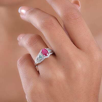 D'Joy Montepuez Ruby, Paraiba Tourmaline and Diamond Ring in Rhodium Over Sterling Silver 1.60 ctw (Size 10.0)