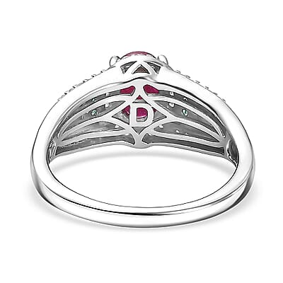 D'Joy Montepuez Ruby, Paraiba Tourmaline and Diamond Ring in Rhodium Over Sterling Silver 1.60 ctw (Size 10.0)