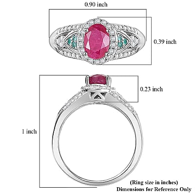 D'Joy Montepuez Ruby, Paraiba Tourmaline and Diamond Ring in Rhodium Over Sterling Silver 1.60 ctw (Size 10.0)