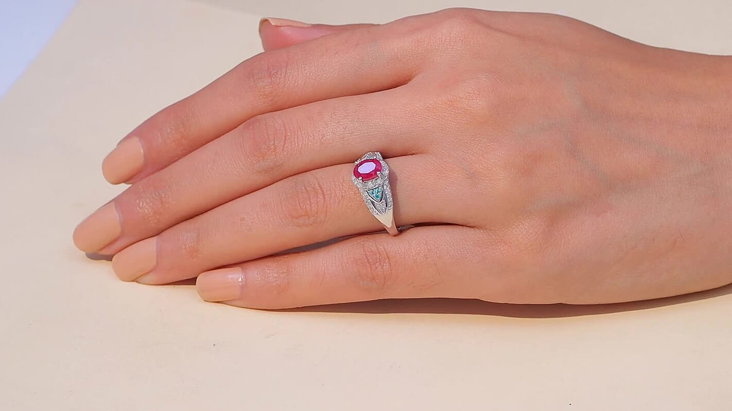 D'Joy Premium Montepuez Ruby, Paraiba Tourmaline and Diamond 1.60 ctw Aquaflame Ring in Rhodium Over Sterling Silver