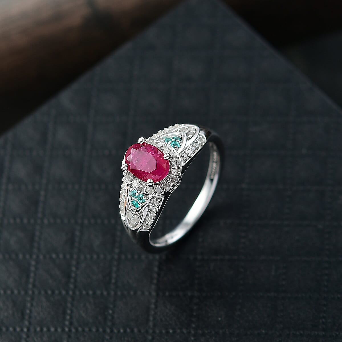 D'Joy Montepuez Ruby, Paraiba Tourmaline and Diamond Ring in Rhodium Over Sterling Silver 1.60 ctw (Size 5.0) image number 1