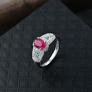 D'Joy Montepuez Ruby, Paraiba Tourmaline and Diamond Ring in Rhodium Over Sterling Silver 1.60 ctw (Size 5.0)