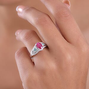 D'Joy Montepuez Ruby, Paraiba Tourmaline and Diamond Ring in Rhodium Over Sterling Silver 1.60 ctw (Size 5.0)
