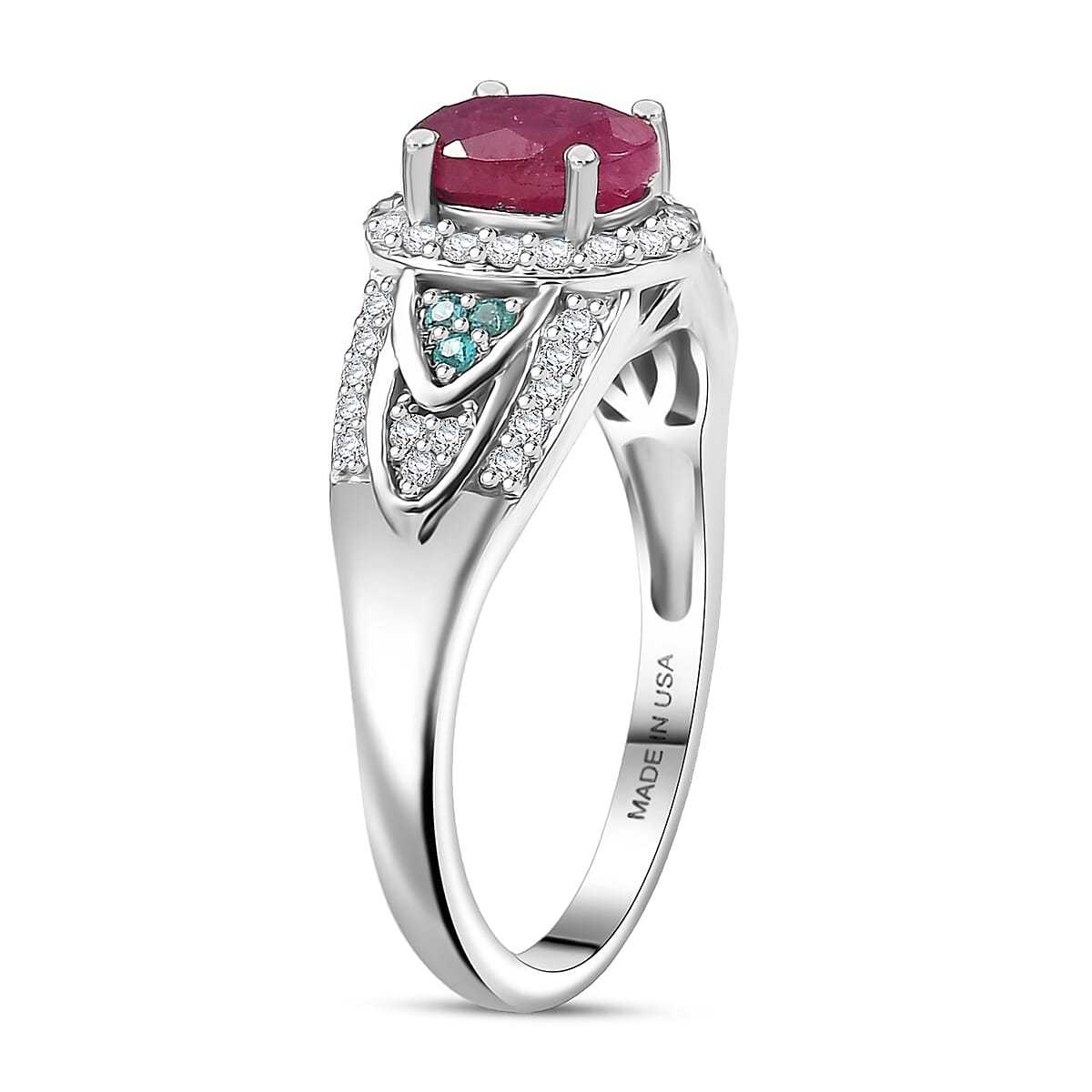 D'Joy Montepuez Ruby, Paraiba Tourmaline and Diamond Ring in Rhodium Over Sterling Silver 1.60 ctw (Size 5.0) image number 3