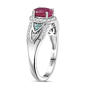 D'Joy Montepuez Ruby, Paraiba Tourmaline and Diamond Ring in Rhodium Over Sterling Silver 1.60 ctw (Size 5.0)