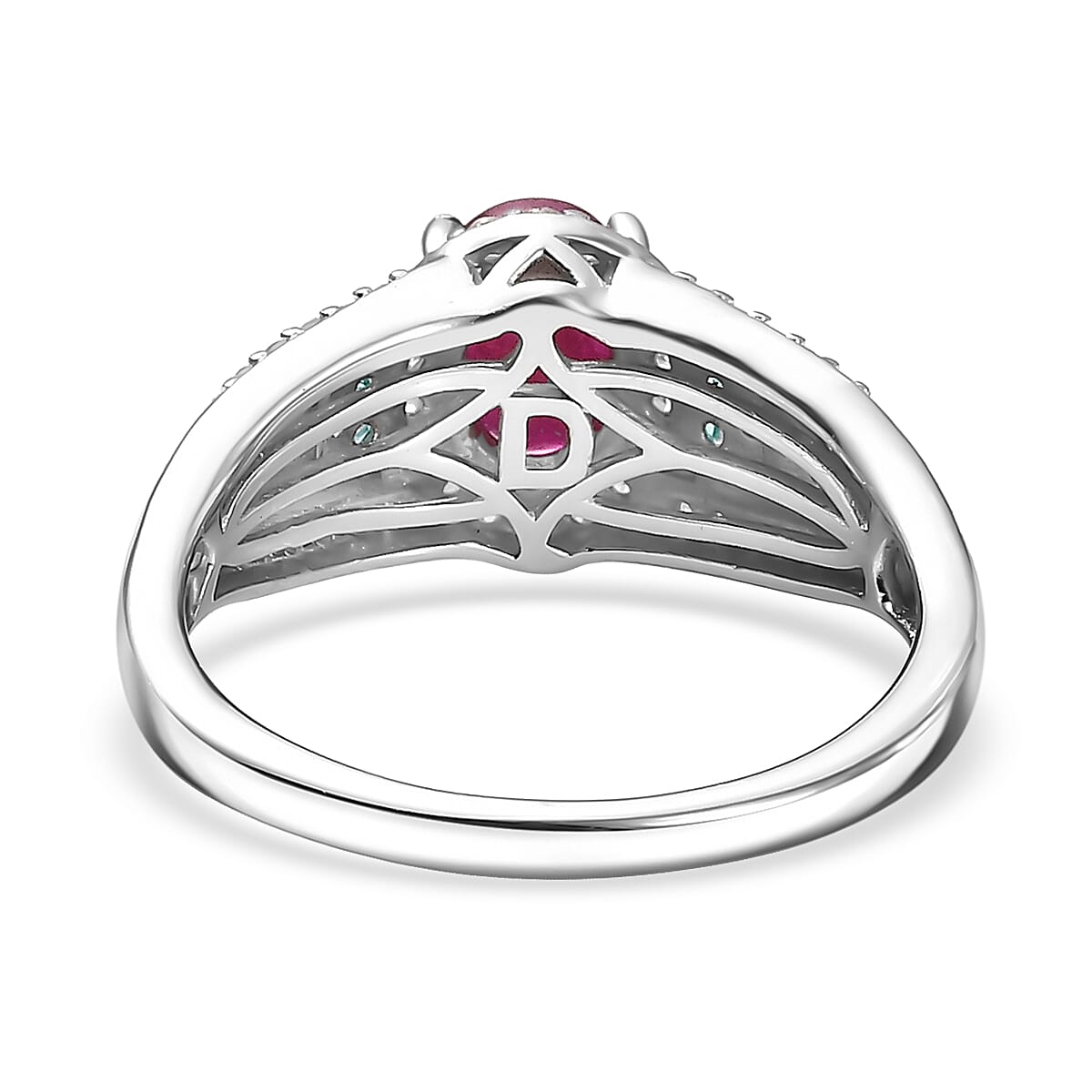 D'Joy Montepuez Ruby, Paraiba Tourmaline and Diamond Ring in Rhodium Over Sterling Silver 1.60 ctw (Size 5.0) image number 4