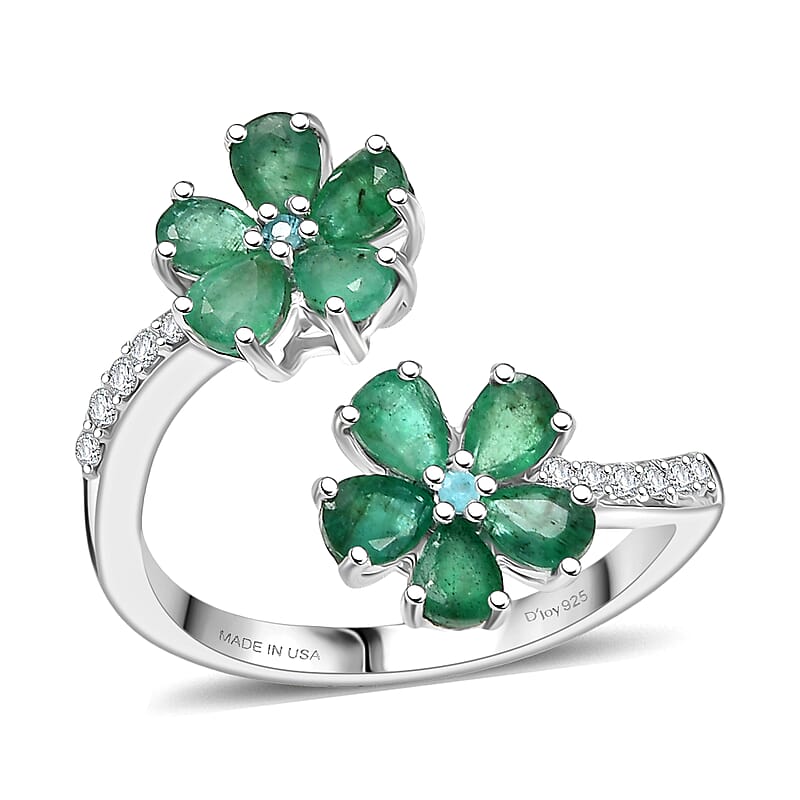 D'Joy  Kagem Zambian Emerald, Multi Gemstone Floral  Ring in Rhodium Over Sterling Silver 1.60 ctw (Size 5.0)