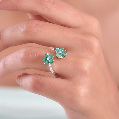 D'Joy  Kagem Zambian Emerald, Multi Gemstone Floral  Ring in Rhodium Over Sterling Silver 1.60 ctw (Size 5.0)