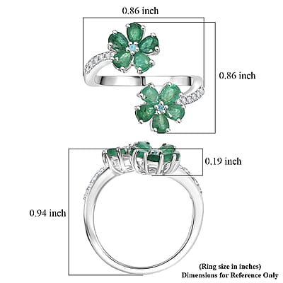 D'Joy  Kagem Zambian Emerald, Multi Gemstone Floral  Ring in Rhodium Over Sterling Silver 1.60 ctw (Size 5.0)