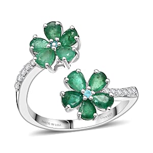 D'Joy  Kagem Zambian Emerald, Multi Gemstone Floral  Ring in Rhodium Over Sterling Silver 1.60 ctw (Size 7.0)