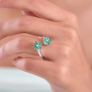 D'Joy  Kagem Zambian Emerald, Multi Gemstone Floral  Ring in Rhodium Over Sterling Silver 1.60 ctw (Size 7.0)
