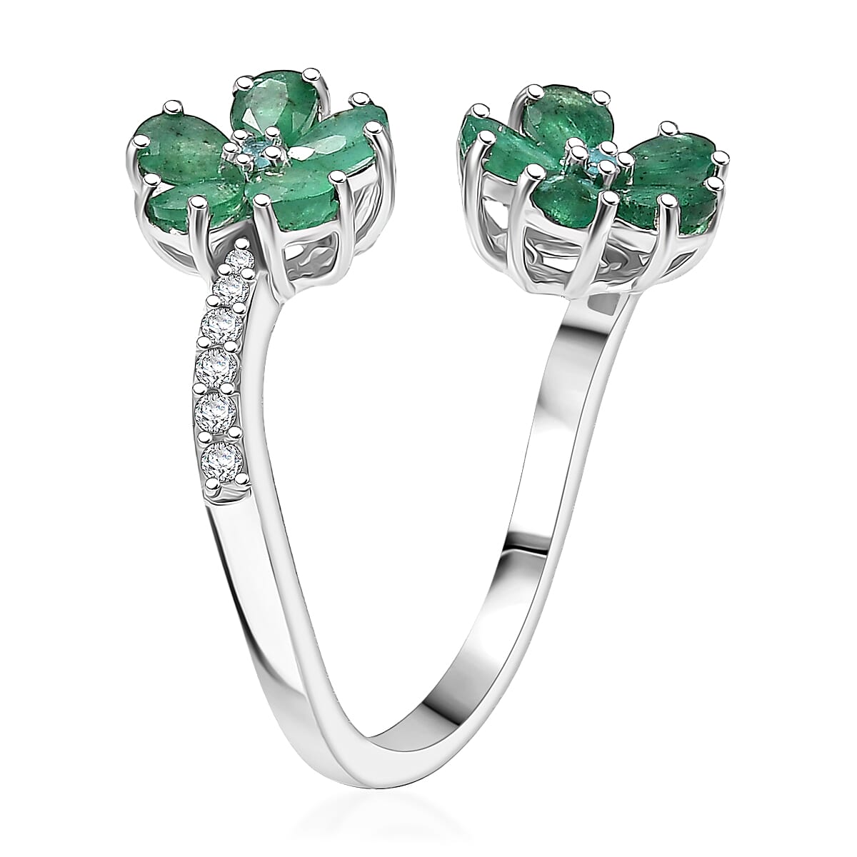D'Joy  Kagem Zambian Emerald, Multi Gemstone Floral  Ring in Rhodium Over Sterling Silver 1.60 ctw (Size 7.0) image number 3