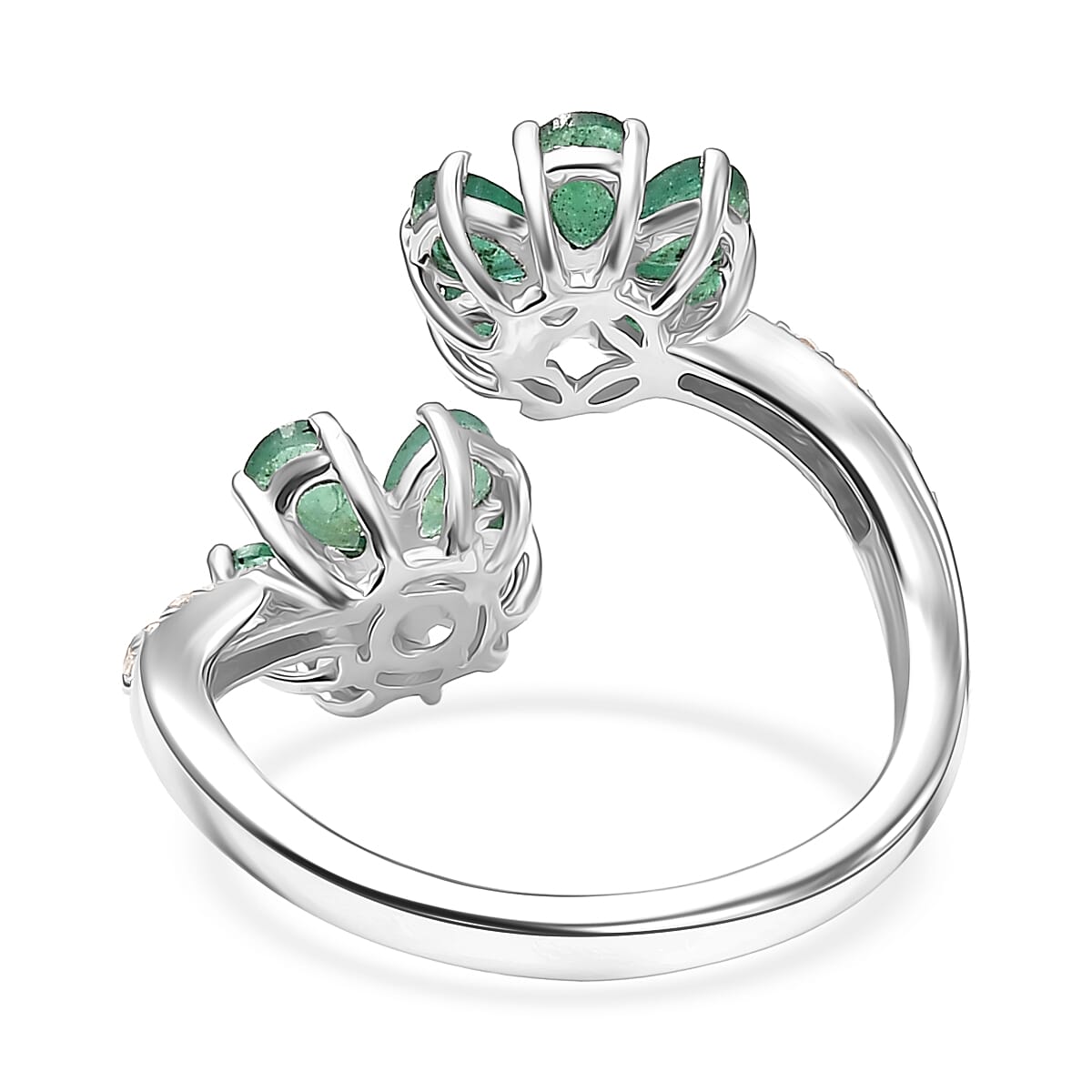 D'Joy  Kagem Zambian Emerald, Multi Gemstone Floral  Ring in Rhodium Over Sterling Silver 1.60 ctw (Size 7.0) image number 4