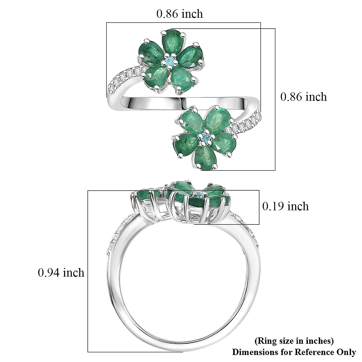 D'Joy  Kagem Zambian Emerald, Multi Gemstone Floral  Ring in Rhodium Over Sterling Silver 1.60 ctw (Size 7.0) image number 5
