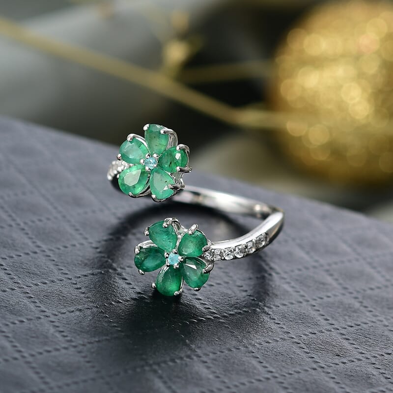 D'Joy  Kagem Zambian Emerald, Multi Gemstone Floral  Ring in Rhodium Over Sterling Silver 1.60 ctw (Size 8.0)