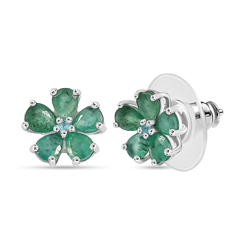  D'Joy Premium Kagem Zambian Emerald and Paraiba Tourmaline 1.35 ctw Floral Wrap Earrings in Rhodium Over Sterling Silver