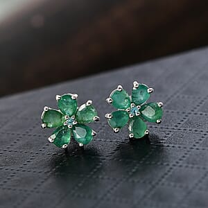 Doorbuster D'Joy Premium Kagem Zambian Emerald and Paraiba Tourmaline 1.35 ctw Floral Wrap Earrings in Rhodium Over Sterling Silver
