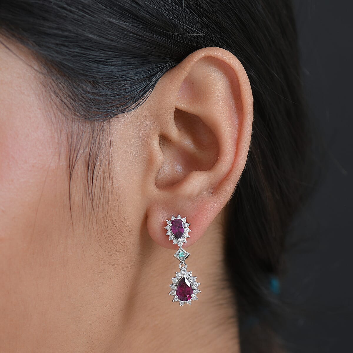 D'Joy AAA Radiant Ember Garnet and Multi Gemstone 3.75 ctw Crown Drop Earrings in Rhodium Over Sterling Silver image number 2