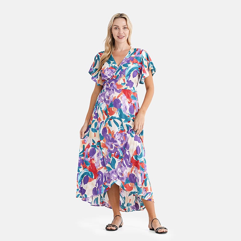 La Marey Purple Floral Dress with Short Sleeves - One Size Fits Most