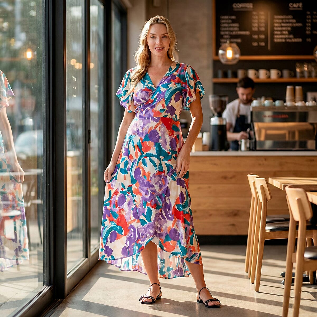 La Marey Purple Floral Dress with Short Sleeves - One Size Fits Most image number 1