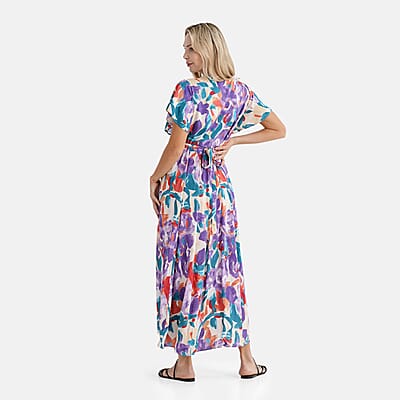 La Marey Purple Floral Dress with Short Sleeves - One Size Fits Most