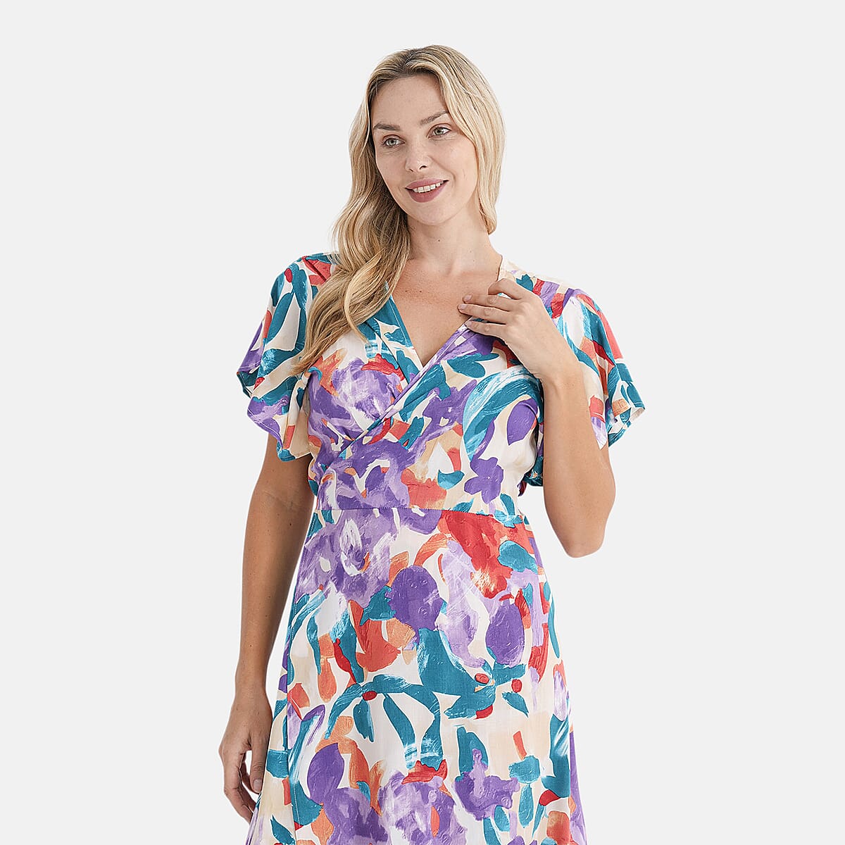 La Marey Purple Floral Dress with Short Sleeves - One Size Fits Most image number 5