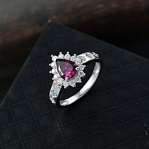 Doorbuster D'Joy Premium Radiant Ember Garnet and Multi Gemstone 1.90 ctw Crown Drop Ring in Rhodium Over Sterling Silver (Size 10.0)