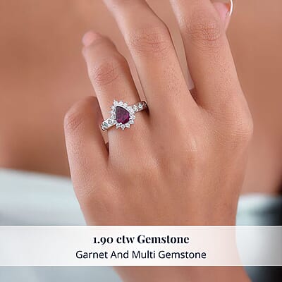D'Joy Premium Radiant Ember Garnet and Multi Gemstone 1.90 ctw Crown Drop Ring in Rhodium Over Sterling Silver (Size 7.0)