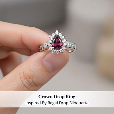 D'Joy Premium Radiant Ember Garnet and Multi Gemstone 1.90 ctw Crown Drop Ring in Rhodium Over Sterling Silver (Size 7.0)