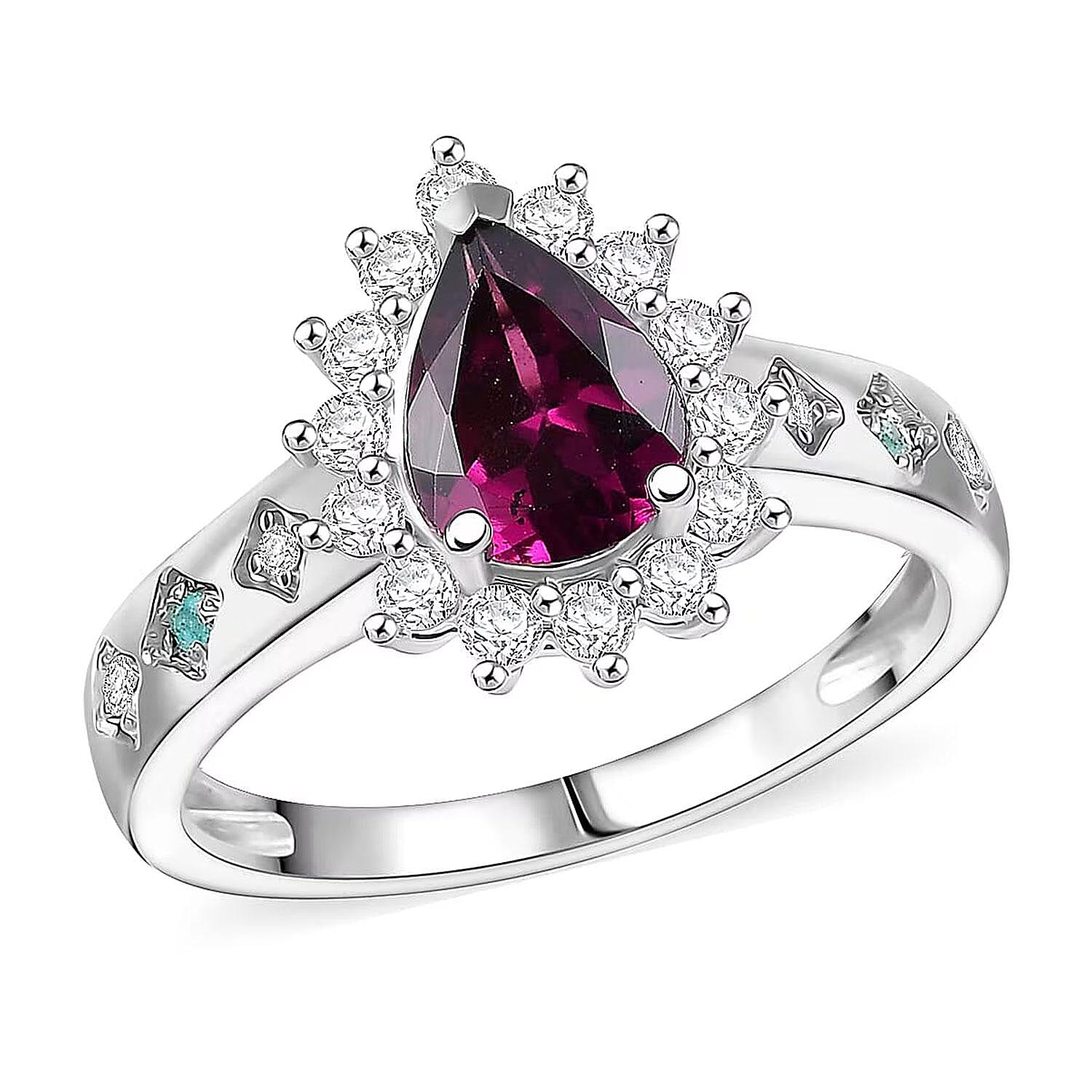 D'Joy Premium Radiant Ember Garnet, Multi Gemstone Ring in Rhodium Over Sterling Silver (Size 10.0) 1.65 ctw