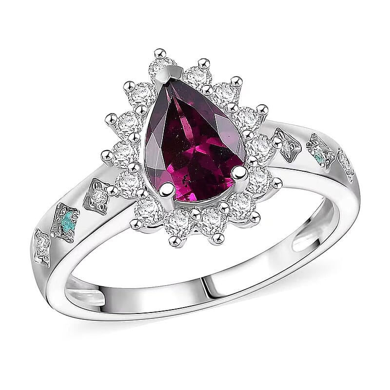 D'Joy Premium Radiant Ember Garnet and Multi Gemstone 1.90 ctw Crown Drop Ring in Rhodium Over Sterling Silver (Size 8.0)