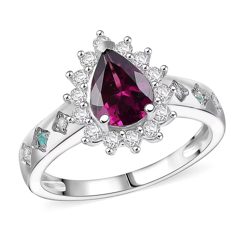 D'Joy Premium Radiant Ember Garnet and Multi Gemstone 1.90 ctw Crown Drop Ring in Rhodium Over Sterling Silver (Size 9.0)