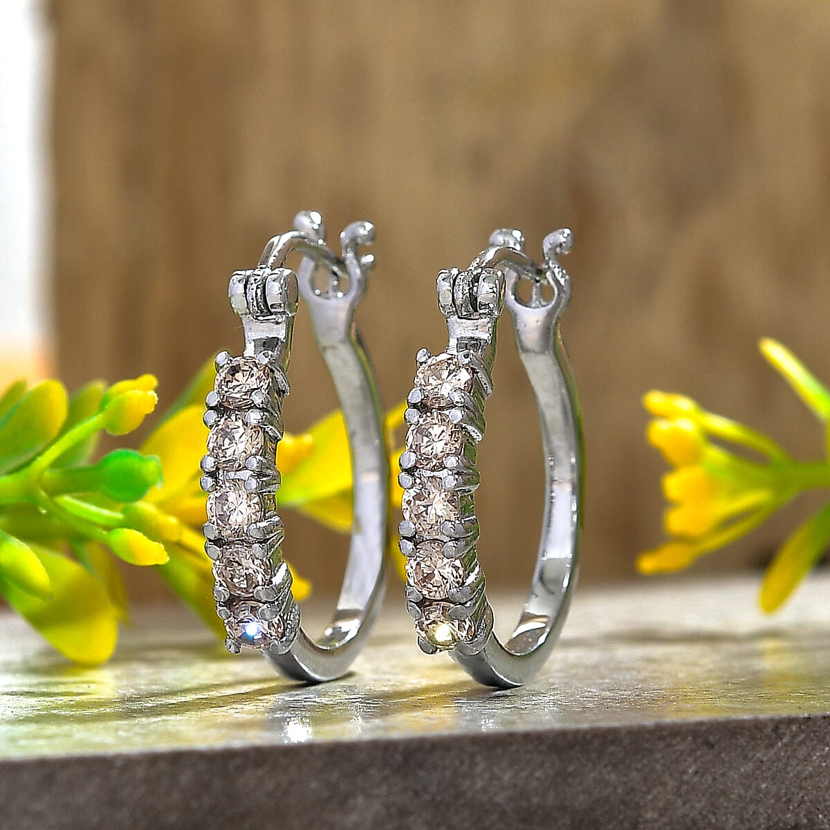 EverTrue Simulated Champagne Diamond Earrings in Stainless Steel image number 1