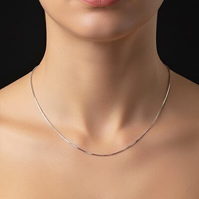 Italian 0.7mm Box Chain Necklace in Rhodium Over Sterling Silver 18 Inches 1.35 Grams